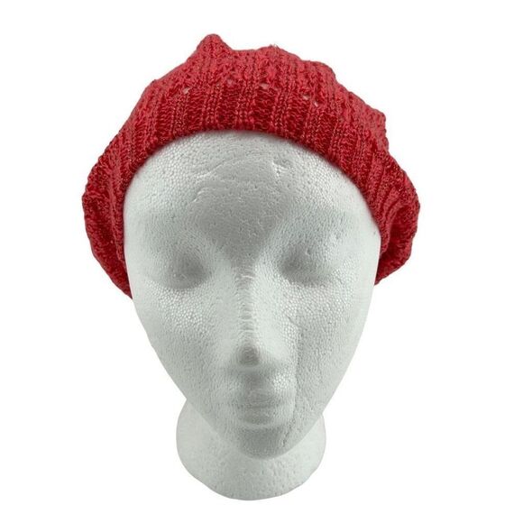 Women’s Red Gold Speckled Open Knit Crochet Ribbed Beanie Beret Hat One Size - Picture 6 of 10